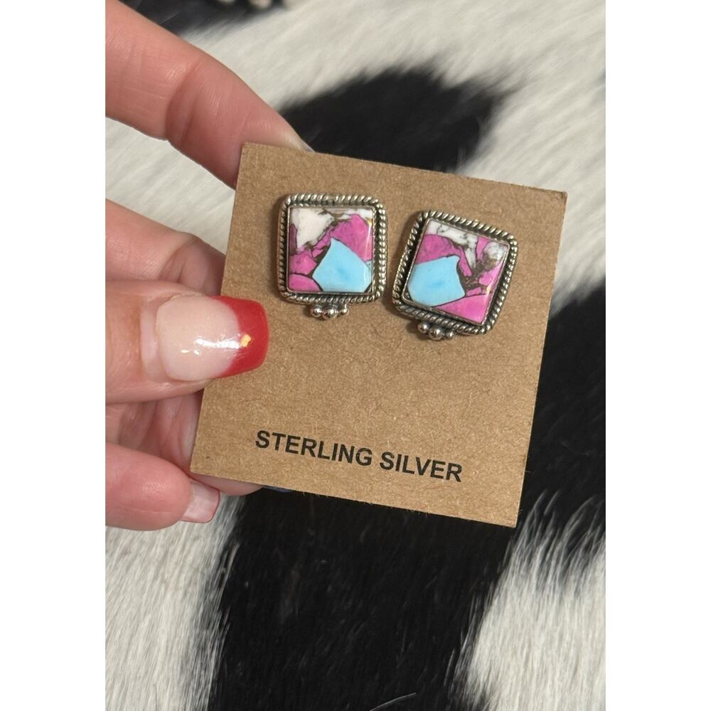 Native American SW Sterling Silver Cotton Candy Dahlia Post Earrings Squares